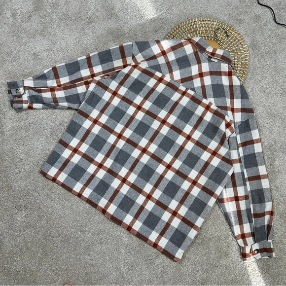 HFX Wool Blend Flannel Plaid Shacket Jacket Western Relaxed Fit Gray/Brown L - Picture 11 of 16